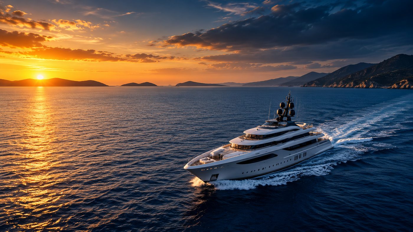 Luxury yacht travelling across open water at sunset